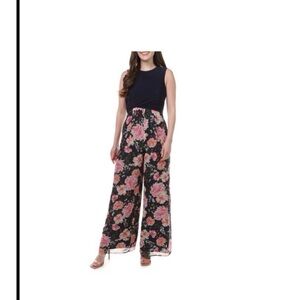 Vince Camuto Navy and Pink Floral Blouson Jumpsuit